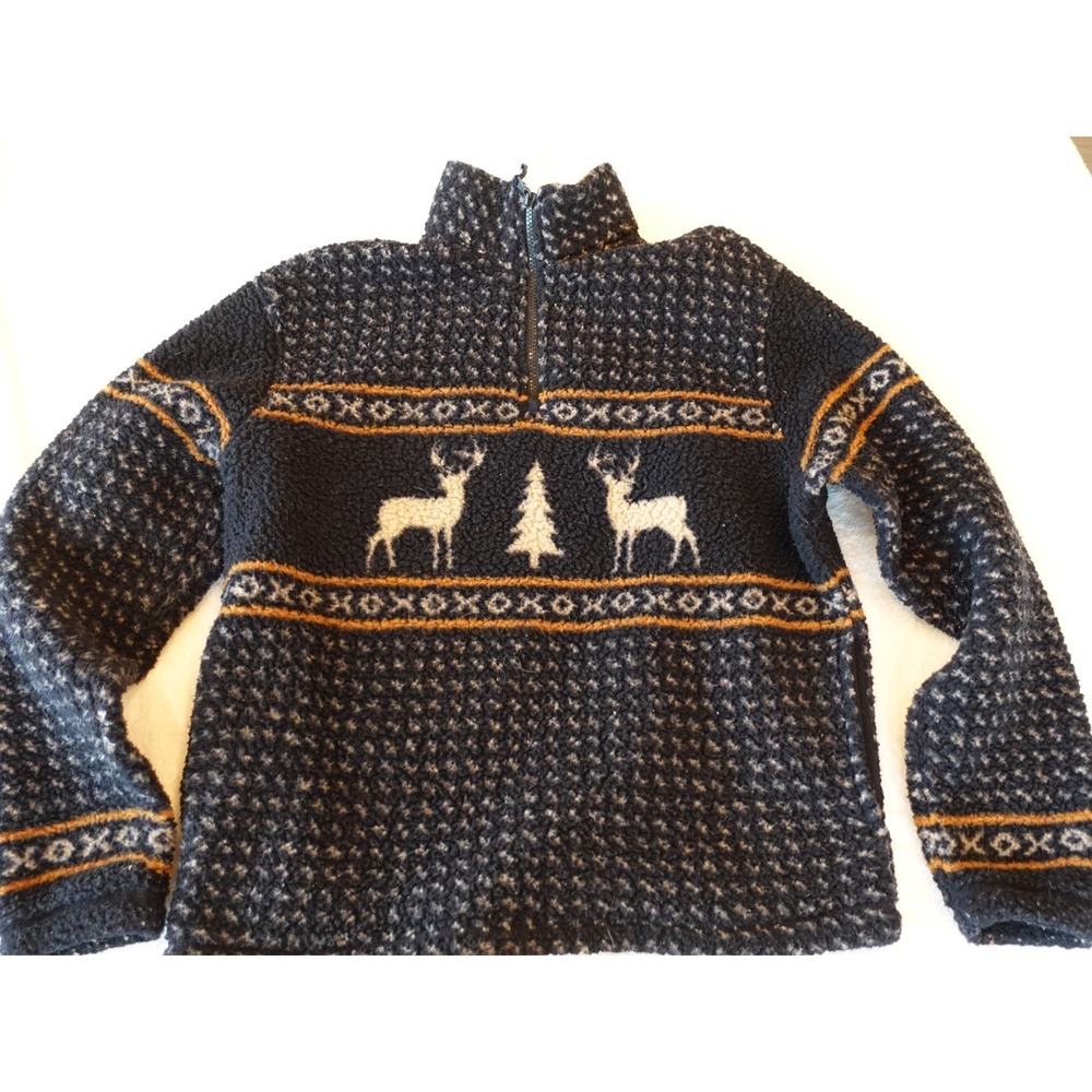 Nordic Fair Isle 1/4‎ Zip Pullover Fleece Sweater Women Size S Dark Blue Deer